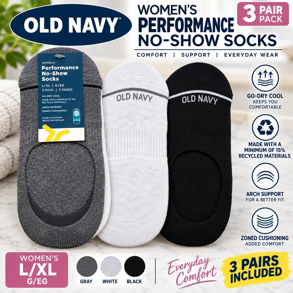 Old Navy Womens Performance No-Show Socks 3 Pack Gray White Black L/XL NEW